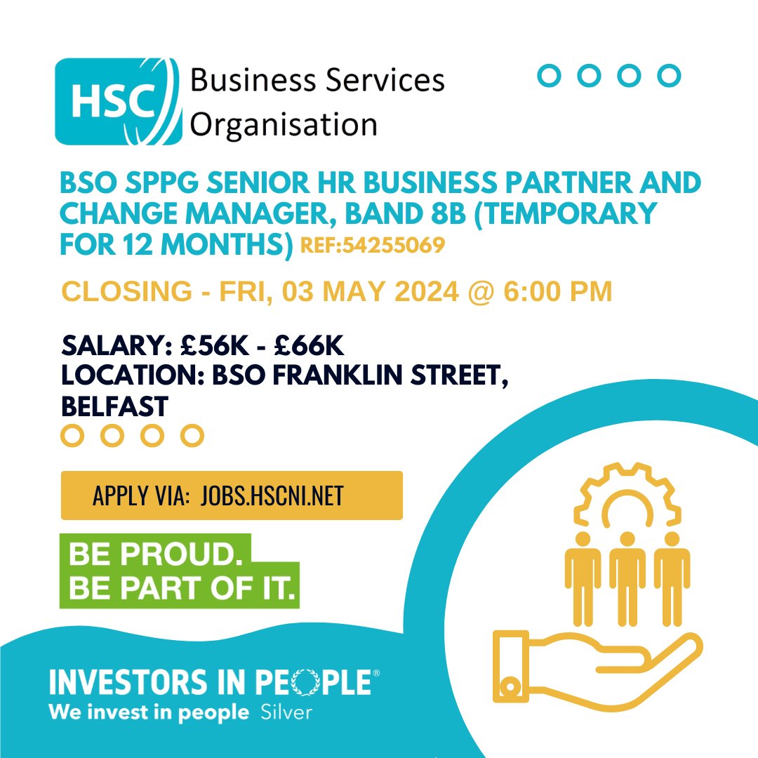 @BSO_NI SPPG Senior HR Business Partner and Change Manager, Band 8B (Temporary for 12 months) Location: BSO Franklin Street, Belfast Salary: £56k - £66k Closing Date: Fri, 03 May 2024 @ 6:00 PM For more information and to apply: jobs.hscni.net/Job/34531/bsos… #BSO #hscni #HR #Belfast