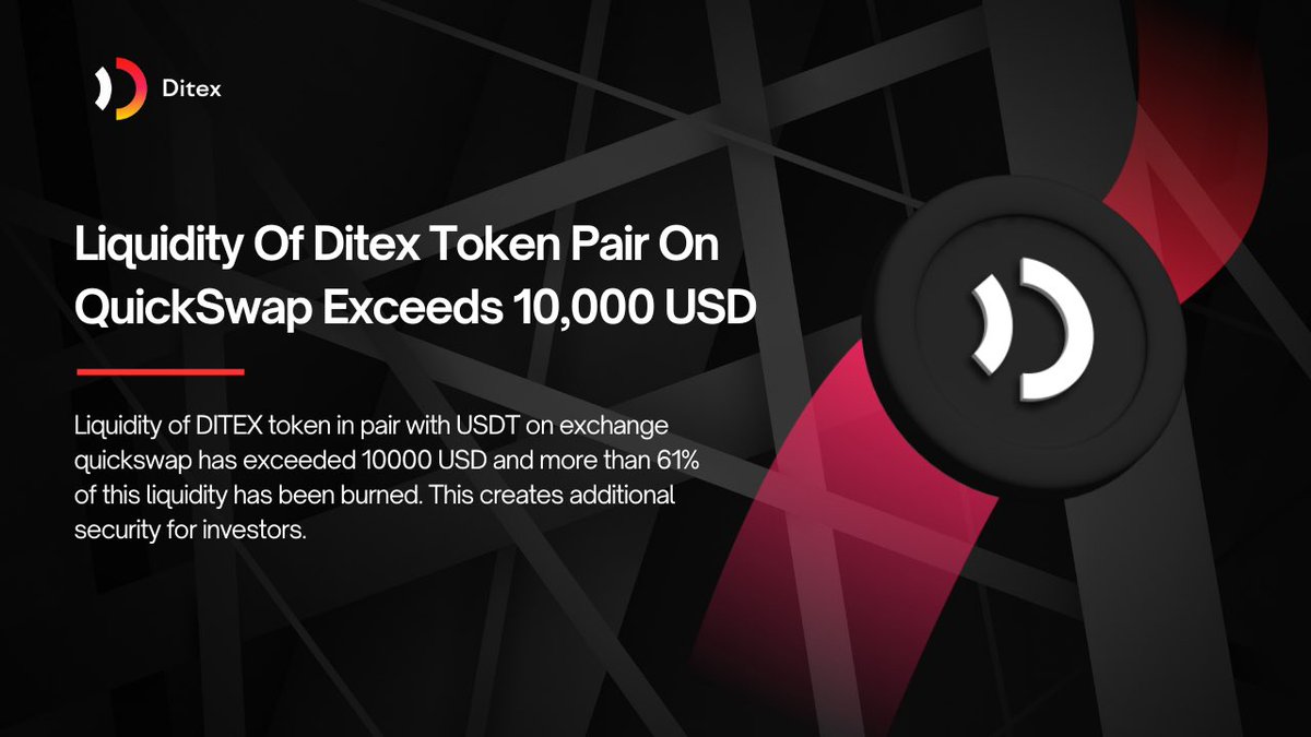 ✅ Liquidity details from DITEX! The pair with USDT on the QuickSwap exchange has already surpassed the $10,000 level and more than 61% of this liquidity now lies in the burn vault! 🔥🔥🔥

#DigitalTech #DITEX #BurnVault