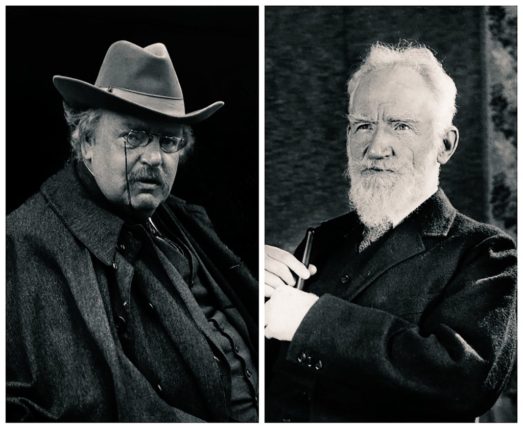 HistoriasLitera's tweet photo. En cierta ocasión Chesterton le dijo a Shaw:
—Al verte, cualquiera pensaría que una hambruna asoló Inglaterra.
A lo que Bernard Shaw respondió:
—Al verte, cualquiera pensaría que tú causaste la hambruna.

Esta cómica anécdota resume de gran forma el carácter de quienes la protagonizaron y sus famosos debates.
Y es que G. K. Chesterton y Bernard Shaw fueron grandes amigos, pero se pasaron 35 años de sus vidas discutiendo y polemizando sobre casi todo.

Chesterton era católico y defensor del orden, mientras que Shaw era ateo, socialista y defensor de la libertad. 

Sin embargo, en su vida privada, Chesterton tenía un apetito y una sed exuberantes, y hábitos desordenados que lo llevaron a pesar 140 kilos y a una muerte prematura.

En cambio Shaw, era extremadamente sobrio, abstemio y vegetariano. Falleció a los 94 años, edad hasta la que se mantuvo activo y escribiendo. Su muerte se debió a problemas renales debido a una caída de un árbol mientras lo podaba.