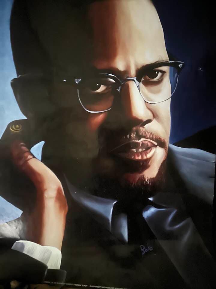 Portrait of #MalcolmX by Charles Boko Freeman of the Houston and South California chapters of the Black Panther Party.