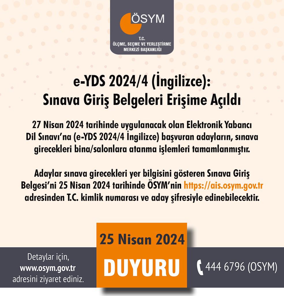 e-YDS 2024/4 (İngilizce): Sınava Giriş Belgeleri Erişime Açıldı osym.gov.tr/TR,29336/e-yds…