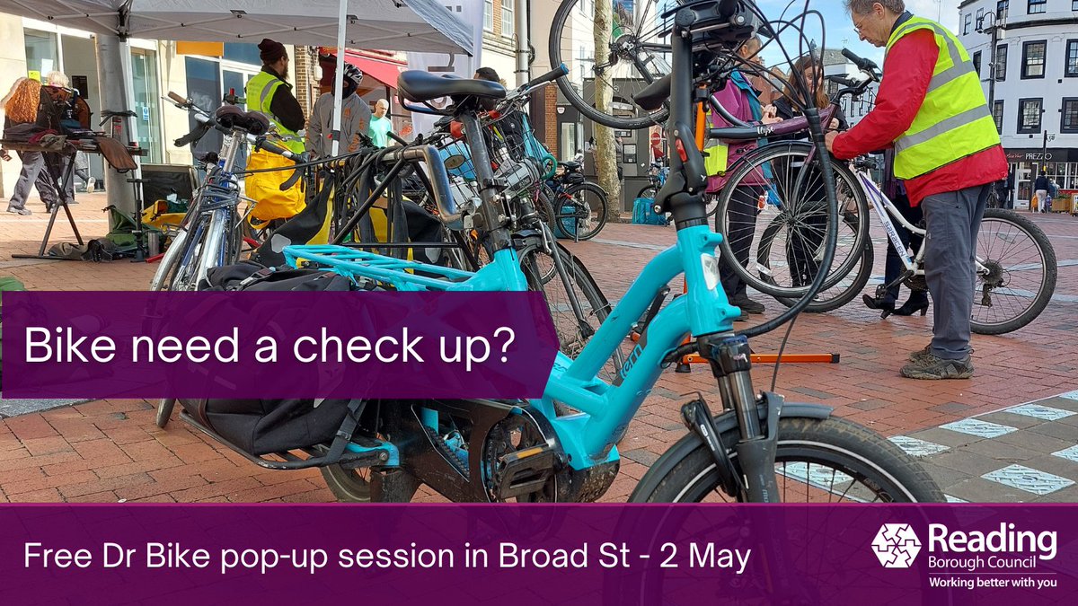 Visit our FREE Dr Bike pop-up outside Sainsbury's Broad Street, #rdguk, 2 May, 11am-2pm. The @AvantiCycling team can check & tune-up your bike, carry out minor repairs & diagnose problems. Also check out our FREE bike maintenance workshops for adults: rdguk.info/DK6ST