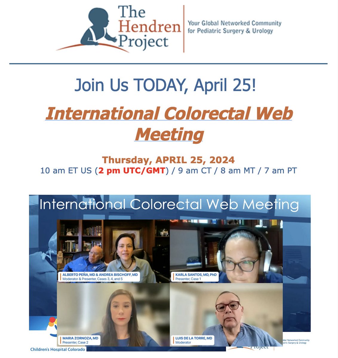 JOIN US TODAY @hendrenproject for April Intl Colorectal Web Meeting. 4 complex cases will be discussed. We want your input on treatment strategies. bit.ly/3ds8CKI #SoMe4PdSurg #pedsurg