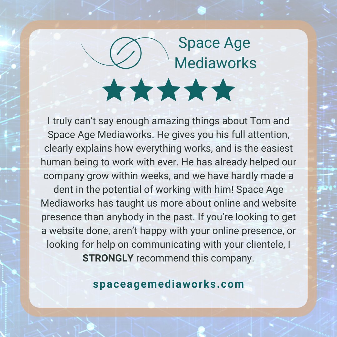 🌟🌟🌟🌟🌟 We're over the moon with this fantastic 5-star review from a valued client! Thank you for trusting us with your digital presence. Let's keep creating great results together! 🚀🌑

#SpaceAgeMediaworks #CustomerSatisfaction #TopRated #TechSuccess #ReviewSpotlight