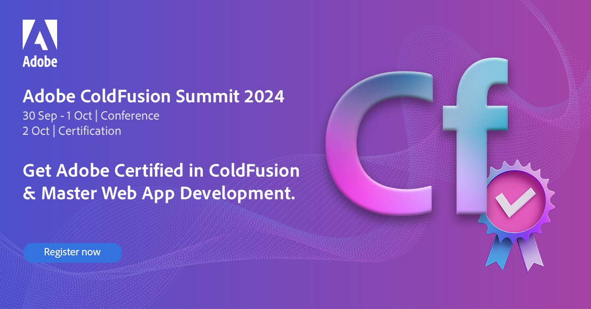 Gain a competitive edge in Web Development with #Adobe Certification at the Summit! Master the latest features of Adobe ColdFusion, including CFML development, testing, debugging, and deployment & more.
Register now: bit.ly/3vN1uqi and excel in your career!

#coldfusion