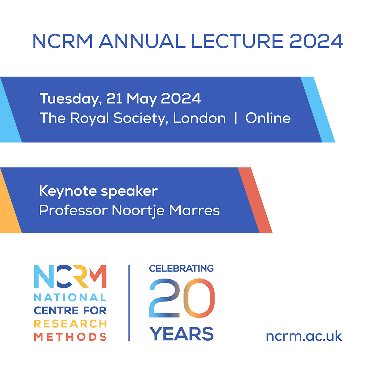 The NCRM Annual Lecture 2024 will explore the use of AI in social research. Join us on Tuesday, 21 May at the @royalsociety in London, with speaker @NoortjeMarres of @CIMethods. #NCRM24 is free to attend and will be streamed online. Book a place: ncrm.ac.uk/training/lectu…