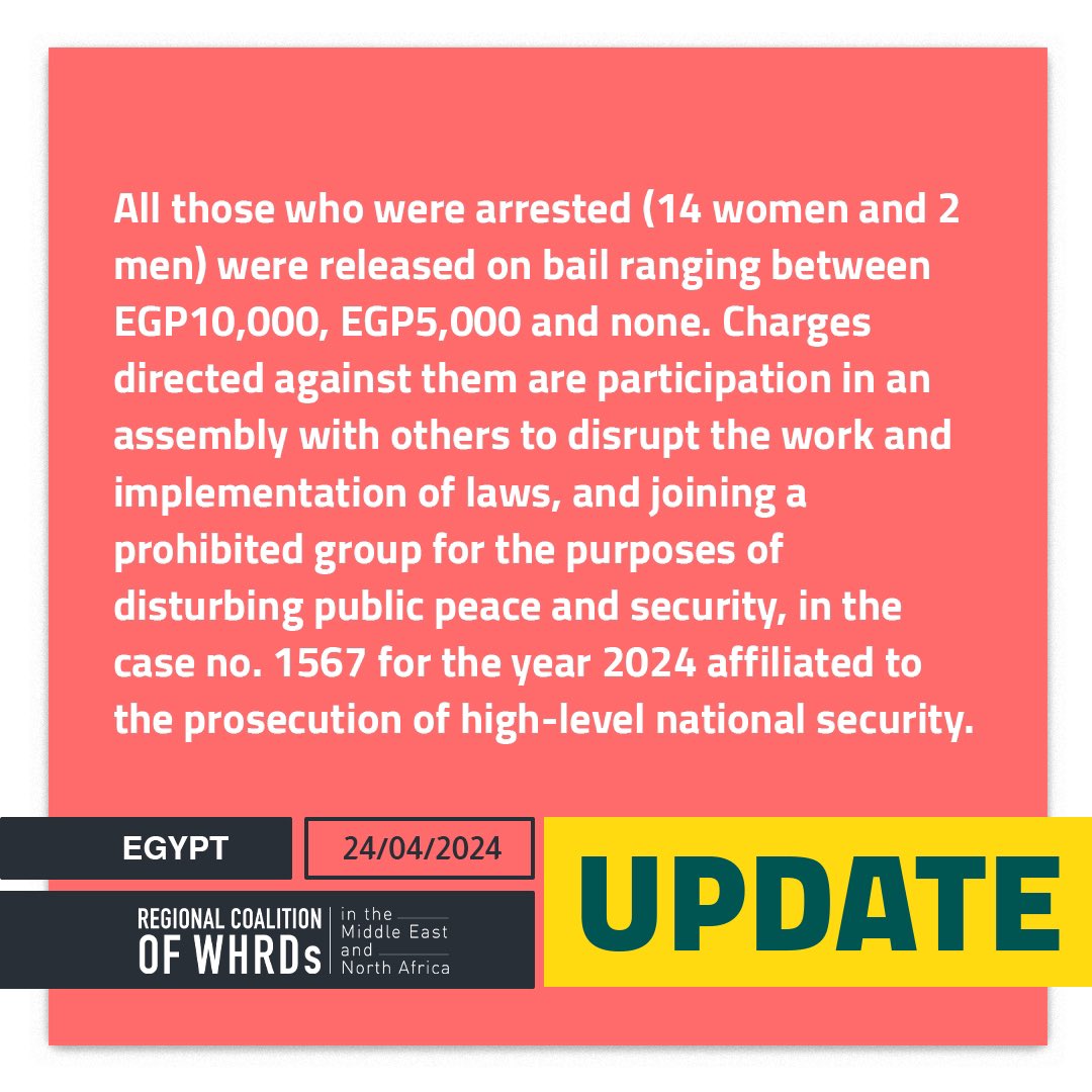 ***UPDATE***
On those who have gotten arrested on 23 April for protesting in front of UN Women in Maadi, #Egypt have been released on bail. We stand in solidarity with #WHRD s and #HRD s in Egypt.

#SheDefends #UN #FreedomOfSpeech #GBV #Feminist #Activist #Palestine #Sudan