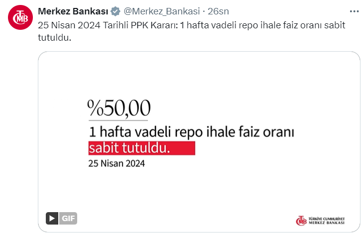 SahinalpBulent's tweet photo. #TCMB Para Politikası Kurulu #PPK bugün gerçekleştirdiği toplantıda 1 hafta vadeli repo ihale faiz oranı'nı #PolitikaFaizi değiştirmeyerek %50,00'da sabit bıraktı. https://t.co/iaQiXPER7M