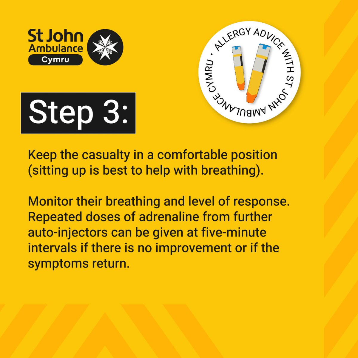 This #AllergyAwarenessWeek we're sharing our anaphylaxis first aid guidance, just in case you need to help someone one day.

You can find out more about how to recognise and treat someone in anaphylactic shock by visiting our website today: sjacymru.org.uk/en/page/advice.