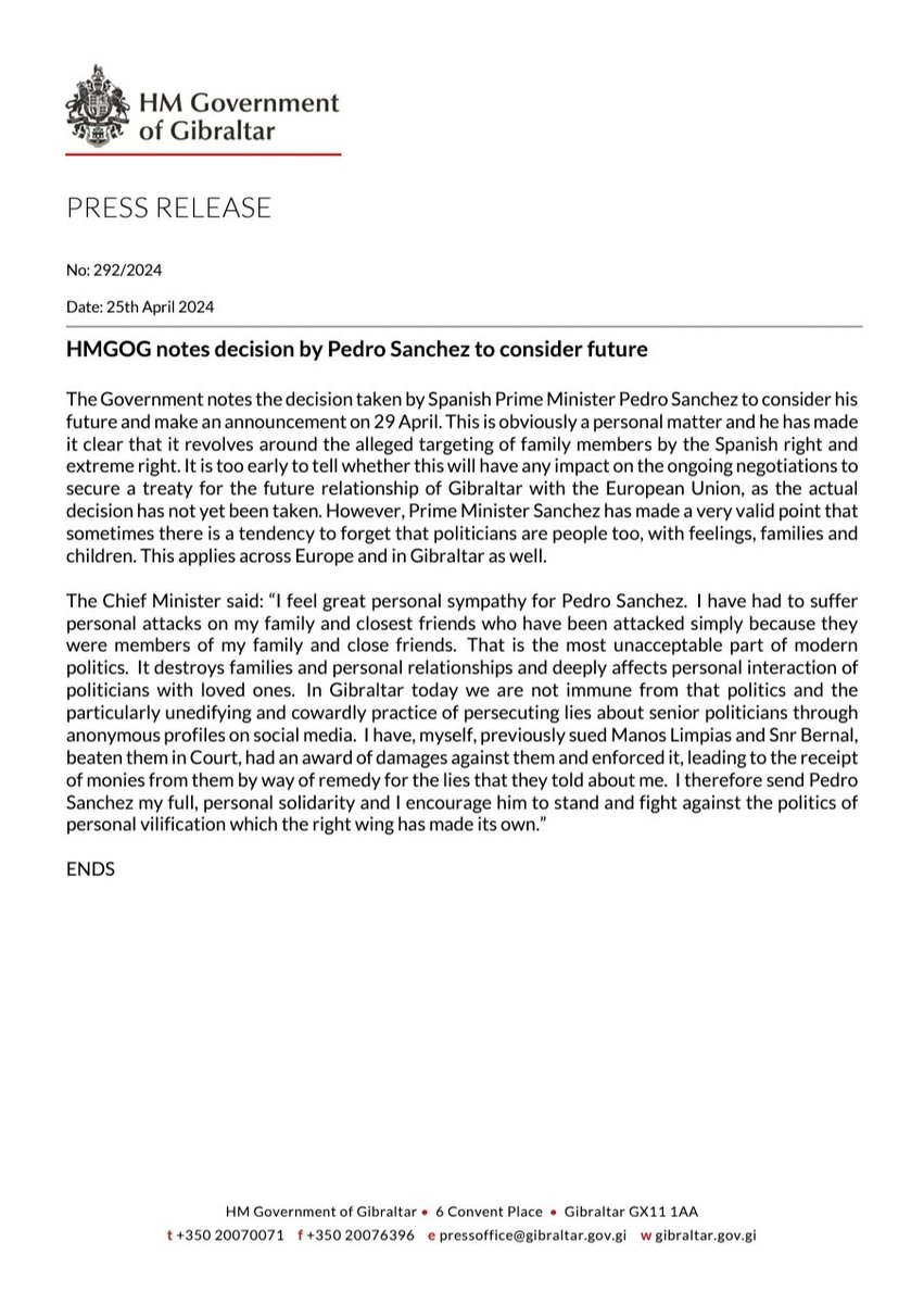 My fullest solidarity with Pedro Sanchez. Politics is a contest of ideas, not a litany of insults, abuse and attacks on family. I have sued Manos Limpias and Miguel Bernal and won for similar defamations. #PedroSanchez @sanchezcastejon