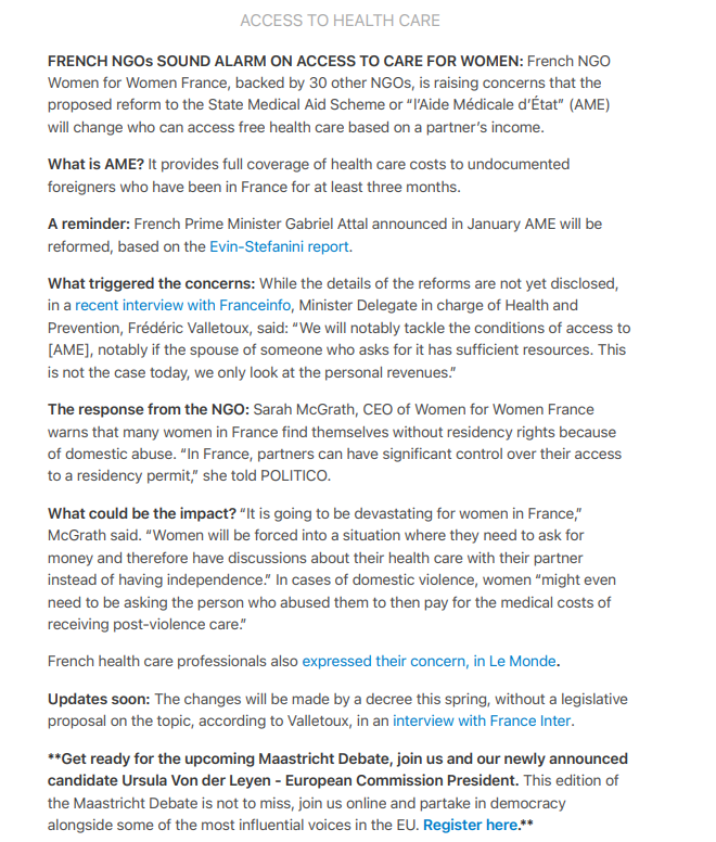 Our CEO, @SarahMc_G, spoke to @politico about the proposed reform of the French healthcare scheme 'AME' which will see many women in France forced to ask their partner's permission to go to the doctor. pro.politico.eu/news/178843 #AME @GabrielAttal @fredvalletoux @CaVautrin