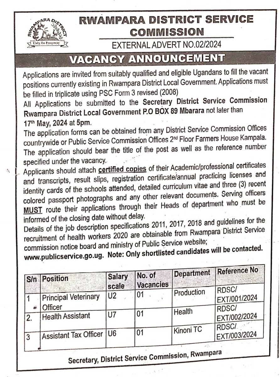 VACANCIES 
Rwampara District Service Commission.
#ApplyNow