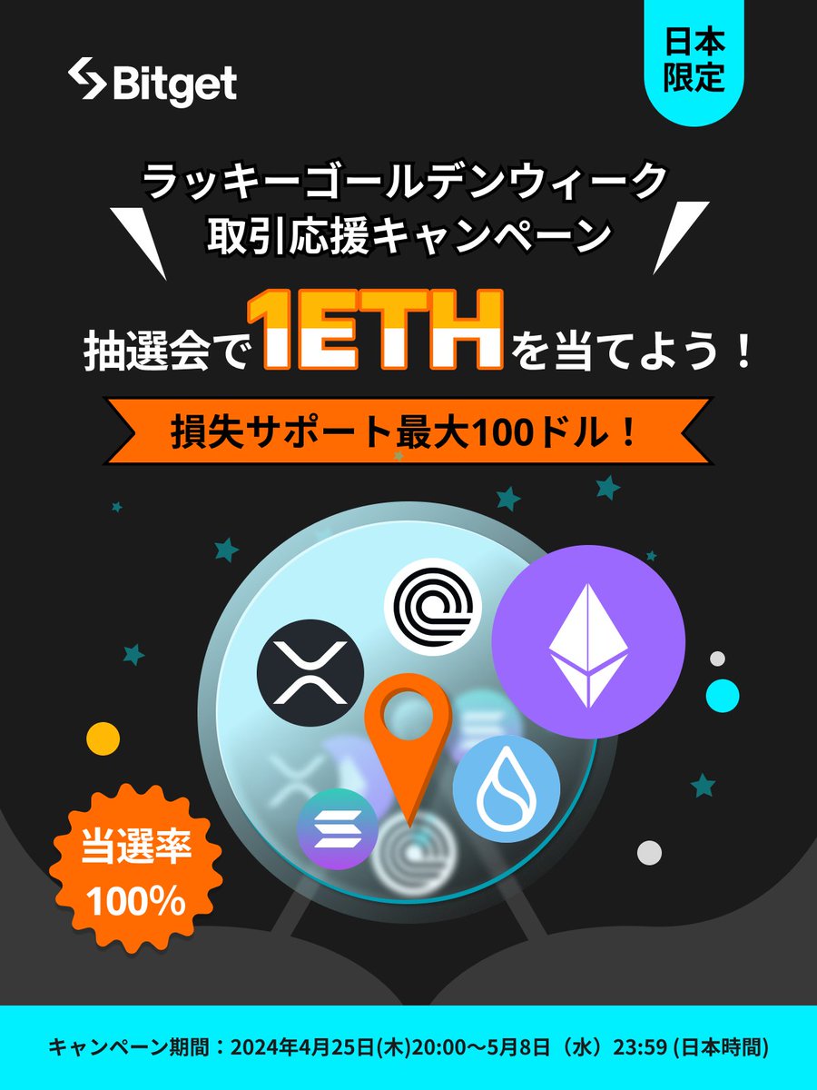 【✨❤️‍🔥GW取引応援キャンペーン❤️‍🔥✨】

ラッキーゴールデンウィーク取引応援キャンペーンを開始しました😍🔥

そしてこの投稿を「いいね」&amp;「リポスト」してくださったフォロワーの方の中から抽選で10名様に10USDTをプレゼントします✨

🎁プレゼント企画応募方法
1️⃣<a href="/BitgetJP/">Bitget ビットゲット【日本語公式】🌏🇯🇵</a>をフォロー