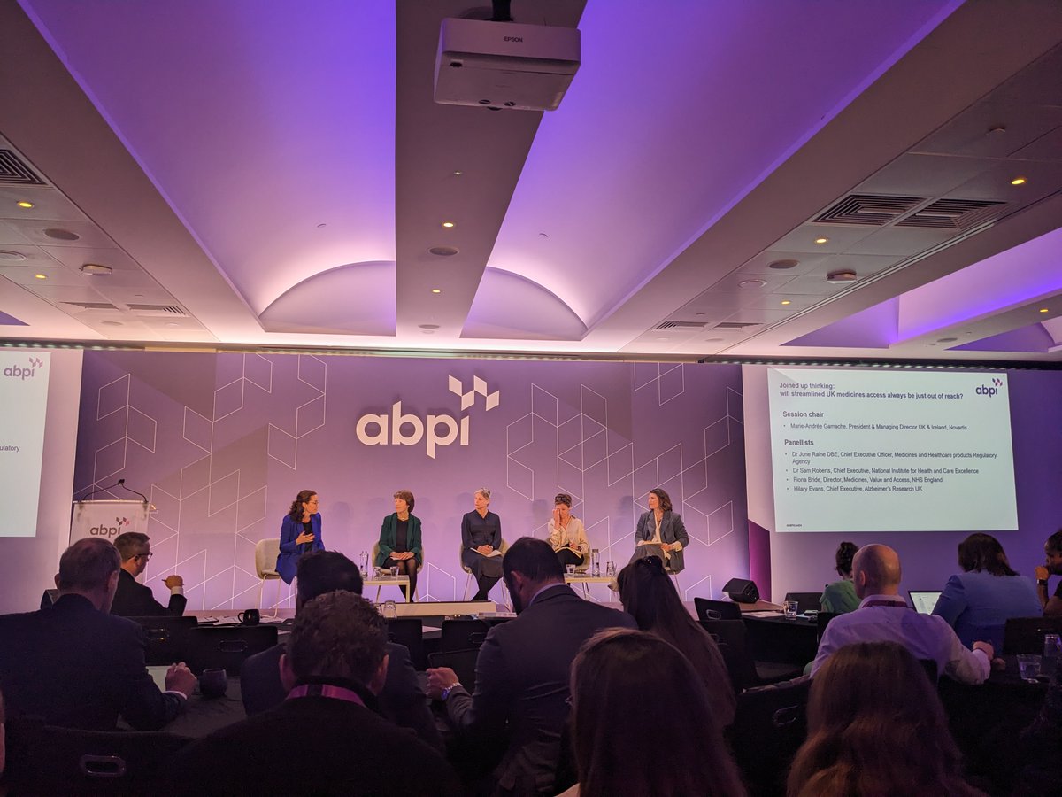 Inspiring session at @ABPI conference with this all female line up Dr June Raine, CEO of @MHRAgovuk Dr Sam Roberts CEO of @NICEComms, Fiona Bride Director of Medicines, Value & Access @NHSEngland & Hilary Evans, CEO of @AlzResearchUK #ABPIConf24