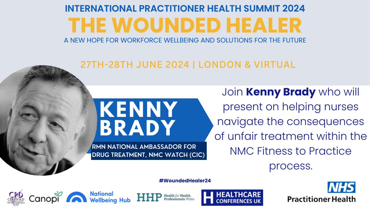 Join us at #WoundedHealer24 to hear from Kenny Brady on helping nurses navigate the consequences of unfair treatment within the NMC Fitness to Practice Process 🗓️ 27-28 June 2024 | 📍 London & Virtual 🔗Register via ow.ly/VnJt50RlYLr @_nmcwatch @lucyjwarner @NHSPracHealth
