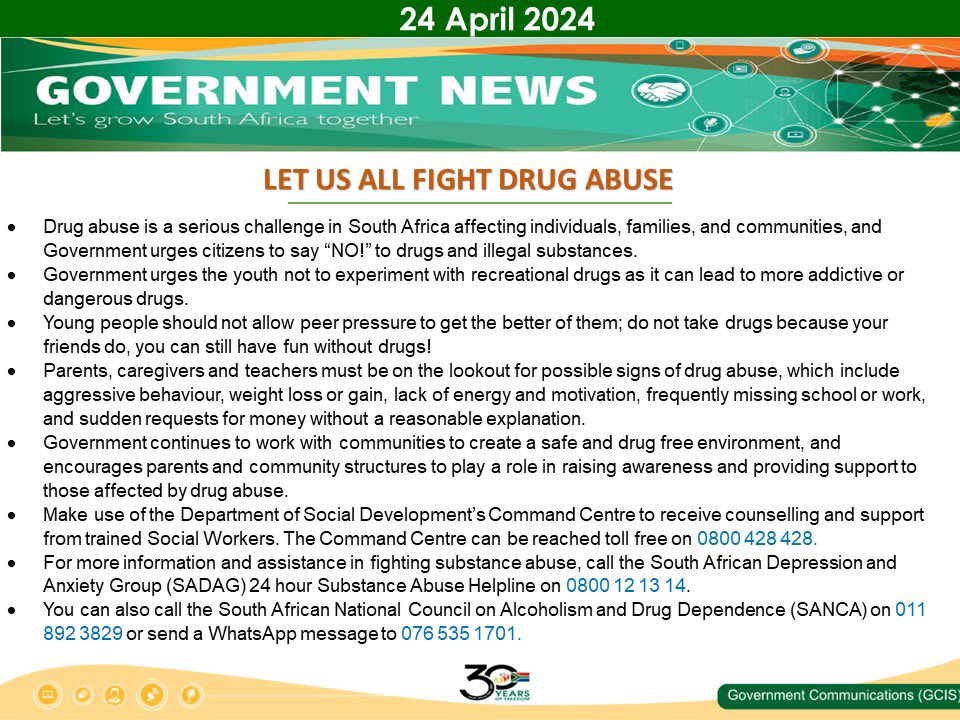 Let us all fight drug abuse. #DrugAbuse is a serious challenge in South Africa affecting individuals, families, and communities, and Government urges citizens to say “NO!” to drugs and illegal substances.