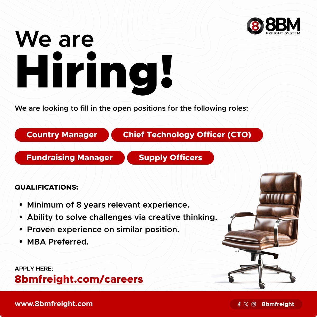 Are you passionate and determined to make a difference? If so, we want you!

Apply for openings via this link: 8bmfreight.com/careers

#Logistics #SupplyChain #JobsinNigeria #jobpost #jobsearch #Remote #Hybrid #jobopenings #CountryManager #FundraisingManager #CTO #SupplyOfficer