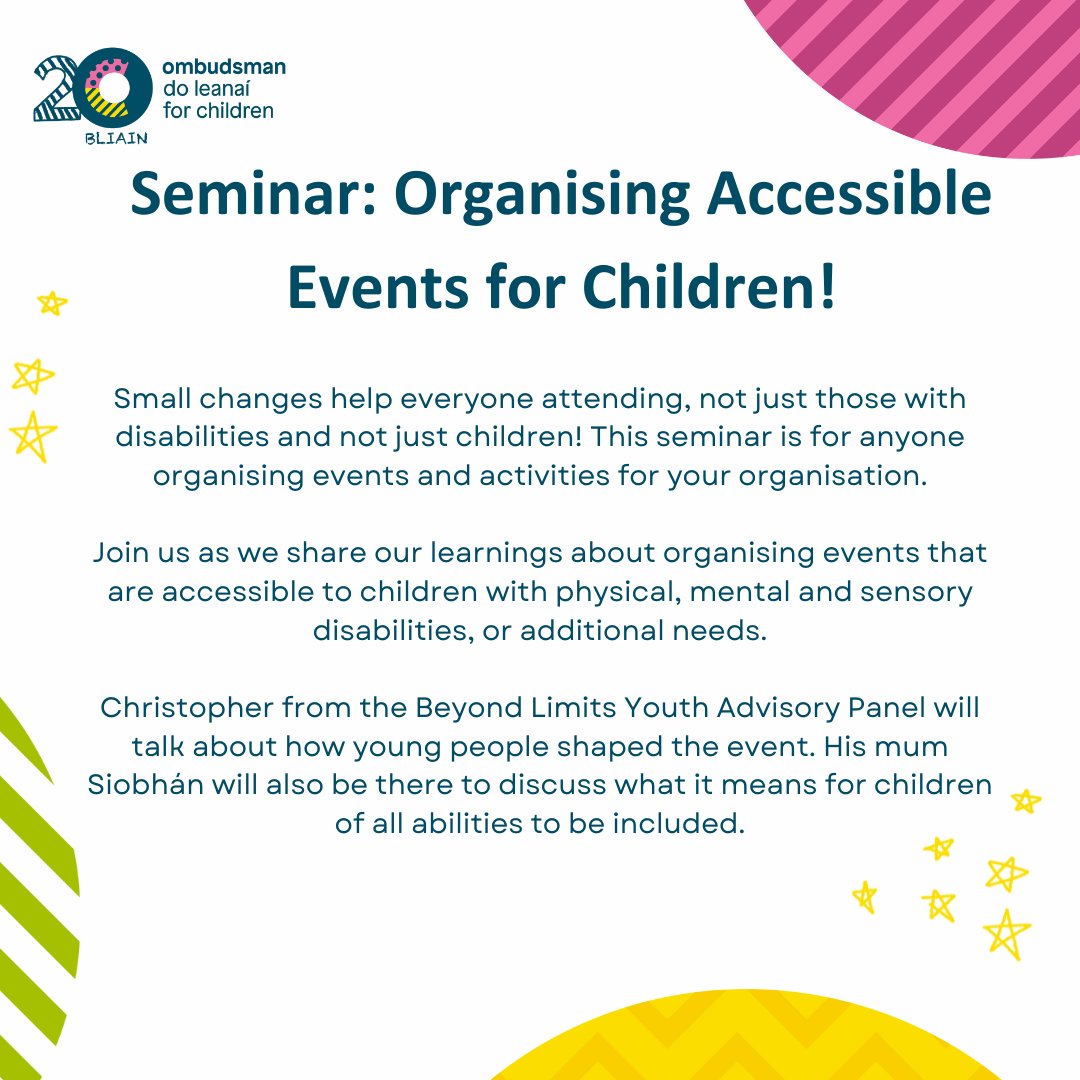 Join us Tuesday, April 30th at 10am for our online seminar as we share our learnings on organising accessible events for children with disabilities or additional needs. Register now: eventbrite.com/e/seminar-orga…