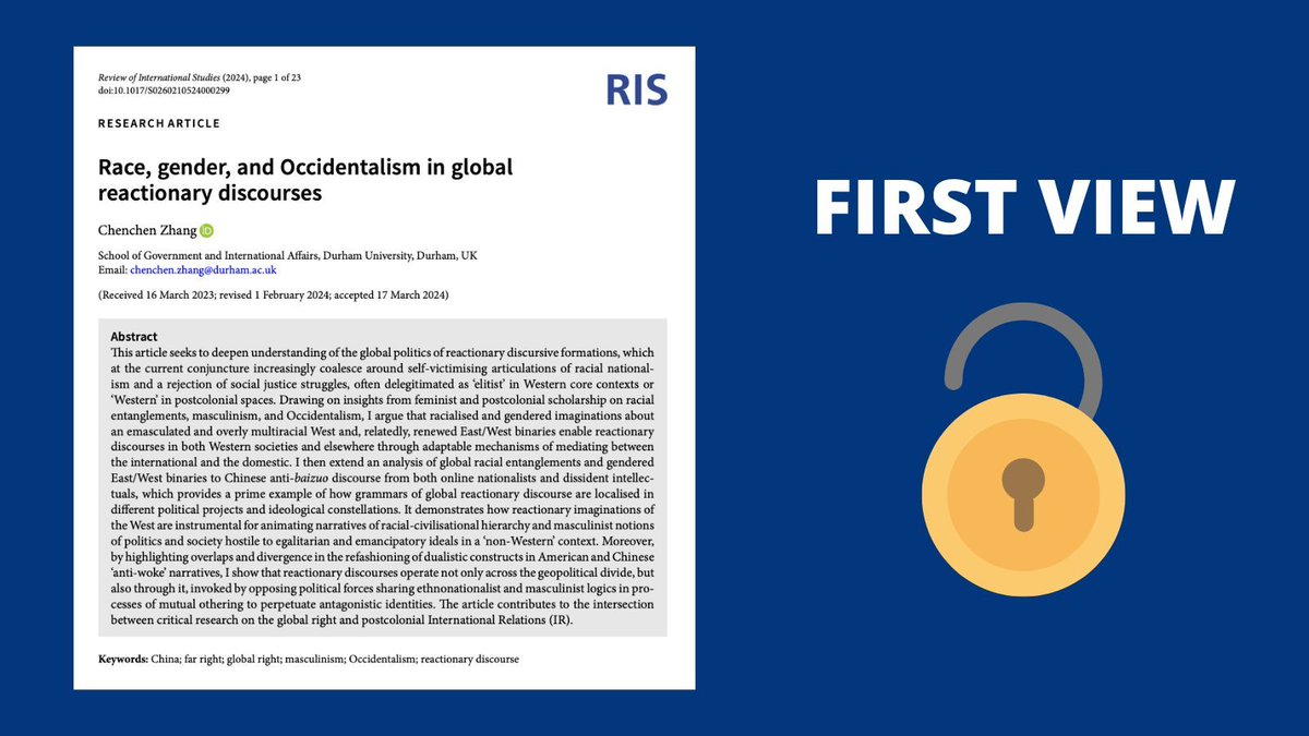 🚨New First View 🚨 'Race, gender, and Occidentalism in global reactionary discourses' by @chenchenzh is now available #OpenAccess on our website! Have a read 👇 📄 ➡️ buff.ly/49Pq9so