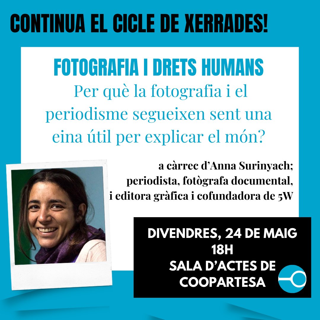 🔵 Molt contents d'anunciar-vos la propera ponent del #cicledexerrades de @coopartesa 👉🏾@surianna; periodista, fotògrafa i cofundadora de la @revista5W. Aquesta setmana, precisament, ha estat guardonada amb el 1r premi en categoria 'Story Portrait' als #IstanbulPhotoAwards. 🙌