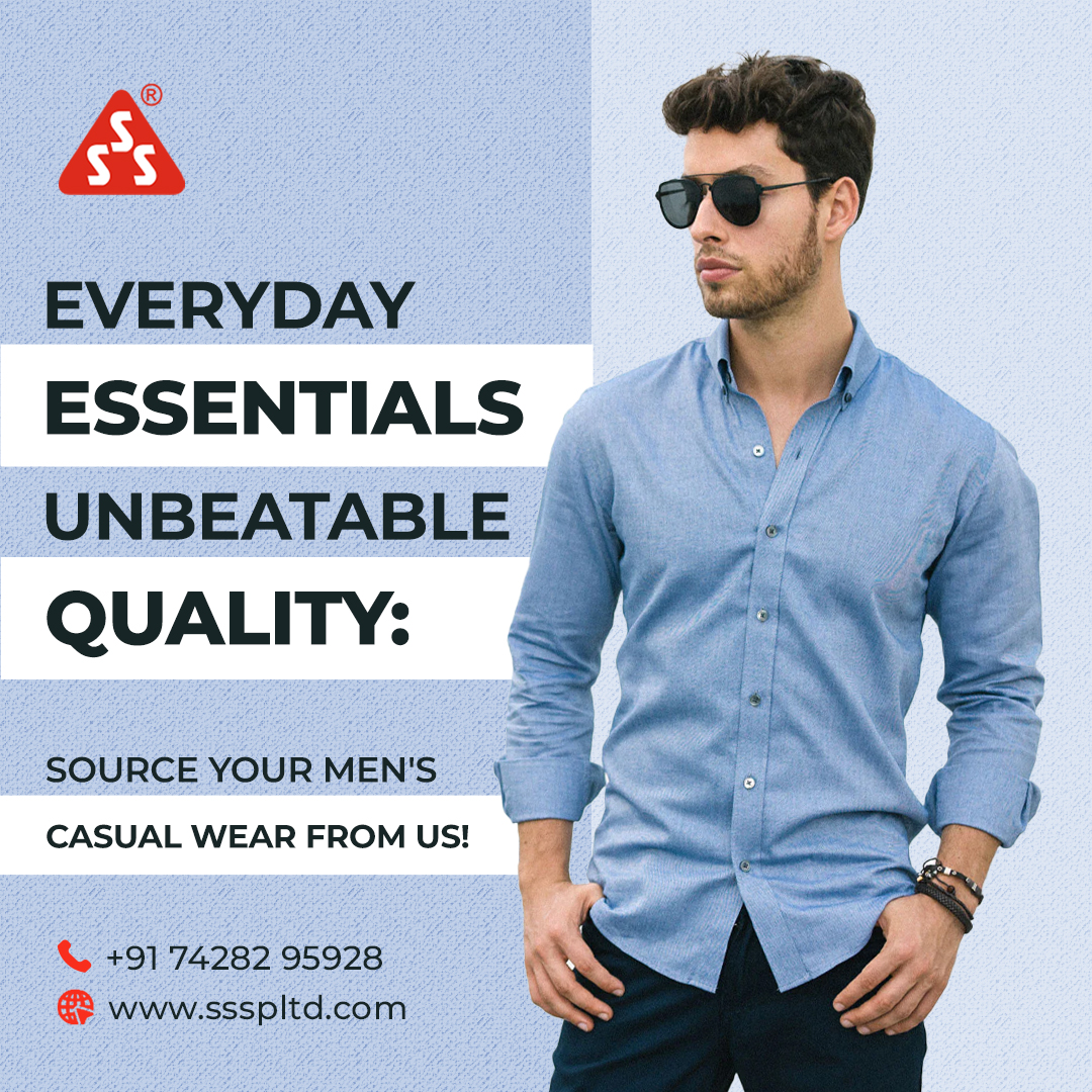 Cater to your customers' needs with our Everyday Essentials - unbeatable in quality and style! 🌟💼

Source your Men's Casual Wear from us today!🛒👔

Learn more at ssspltd.com

#saraogisupersales #sssexports #garmentsourcing #fashionindustry #fashioninnovation