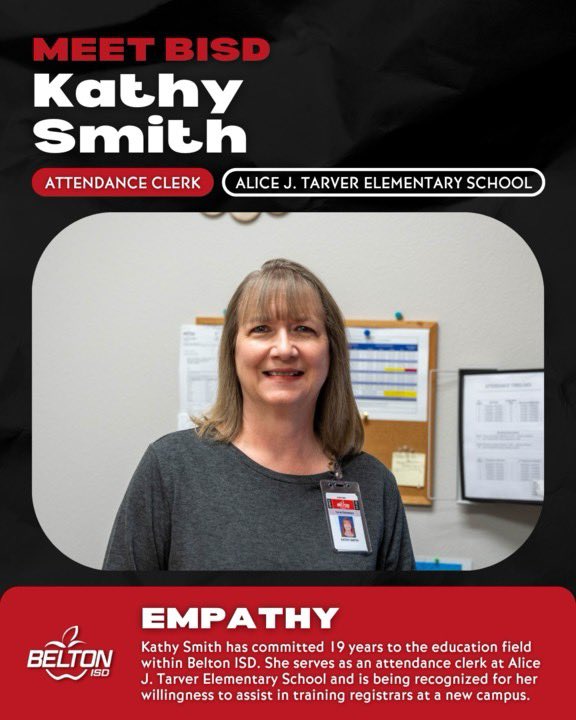 BeltonISD's tweet photo. Meet Kathy Smith! She serves as an attendance clerk at Alice J. Tarver Elementary School and is being recognized for her willingness to assist in training registrars at a new campus. Learn more about how she encompasses our #WorldClassCompetencies here> https://t.co/5ybAfl7bLD 🍎 https://t.co/PFa569gEWg