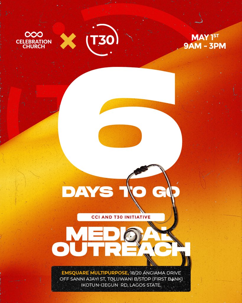 We cannot keep calm, It’s exactly 6 days to our Medical Outreach in Ikotun Egbe 🥳🥳

We are excited about the souls that will be blessed and the lives that will be impacted 🥹🥹

Tell everyone you know and Pray with us ❤️

#cciglobal
#medicaloutreach