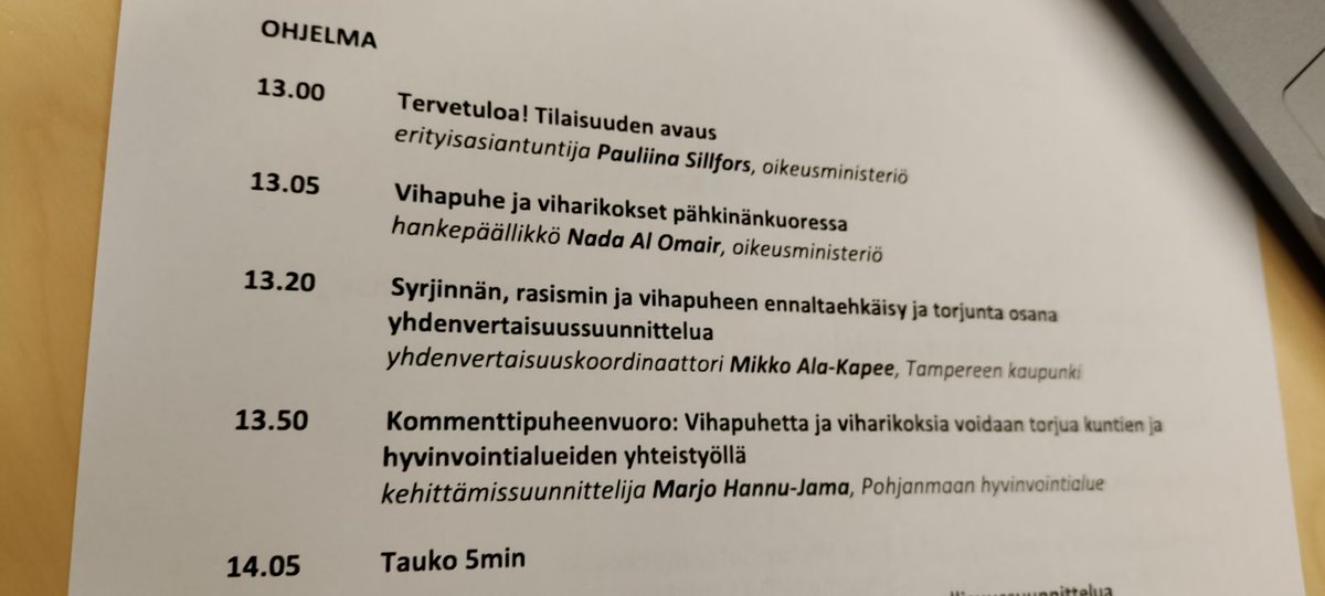 Sain tänään esitellä @Tamperekaupunki  yhdenvertaisuustyötä @oikeusmin isteriön seminaarissa: 

'Vihapuheen ja viharikosten ennaltaehkäisy ja torjunta kunnissa ja hyvinvointialueilla'