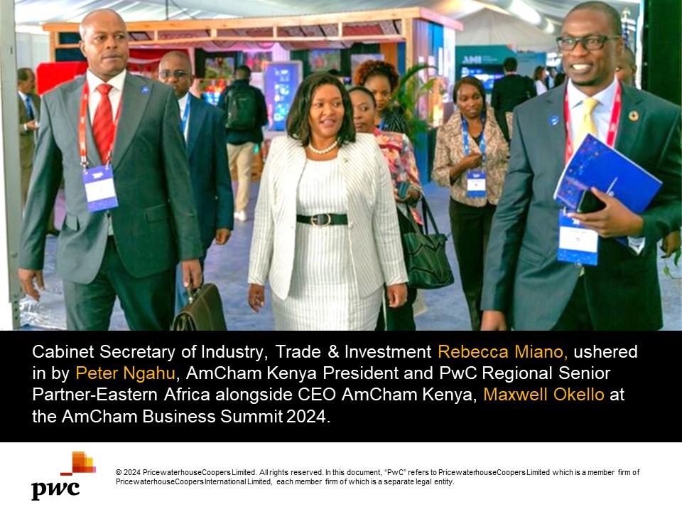 The 4th edition of the #AmChamSummit24 on the 1st day was graced by Cabinet Secretary of Industry, Trade & Investment, CS Rebecca Miano as she was welcomed by Peter Ngahu, AmCham Kenya President & PwC Regional Senior Partner-Eastern Africa alongside Maxwell Okello, CEO AmCham