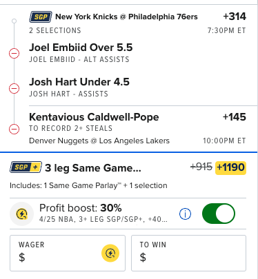 FanDuel

NBA 30% SGP PBT Boost

Would play up to .4 units here 

if you want lower risk, swap the KCP leg for Suggs over 7.5 rebounds + assists
 account.sportsbook.fanduel.com/sportsbook/add…