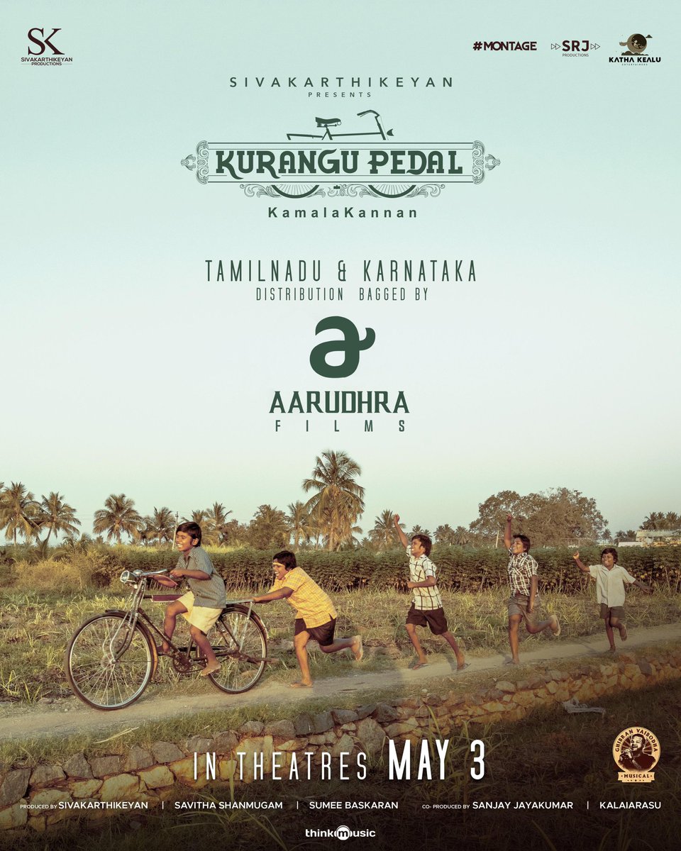 TN and Karnataka theatrical distribution rights of #KuranguPedal have been bagged by @S_Aaravind's @aarudhrafilms. In theatres from May 3rd. Promising film on cards. #KuranguPedalFromMay3 #SUMMERகொண்டாட்டம் @Siva_Kartikeyan @KalaiArasu_ @SKProdOffl