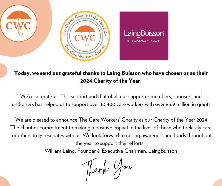 📣 👏 Today, we send out grateful thanks to @laingbuisson who have chosen us as their 2024 Charity of the Year. We’re so grateful for this support and that of all our supporter members, sponsors and fundraisers #CareSector #Care #UKCharity #ThankYou #ThankYouThursday #COTY