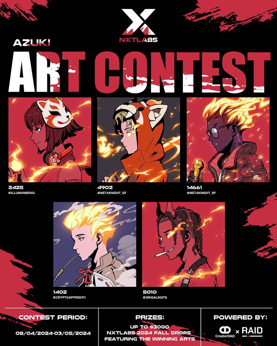 Tick-tock! Just one week left to showcase your masterpiece in our NXTLABS Azuki Art Contest! Submit your creation now for a shot at having it featured in our fall collection. Don't miss this chance to shine – submit your artwork at raid.xyz/nxtlabs/event/… by 11:59 PM EST, 3rd…