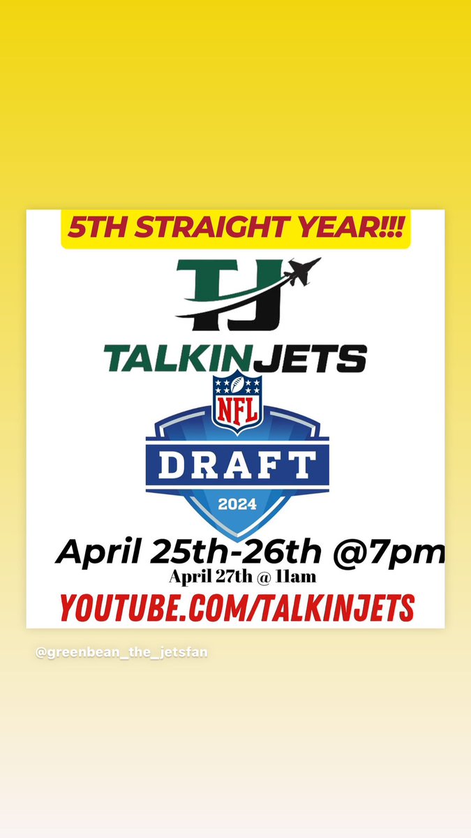 For the 5th straight year, the largest fan run #NFLDraft Stream returns! Rd 1 LIVE from the Main Event in Long Island! YouTube.com/talkinjets #jetuo #jetstwitter #jets