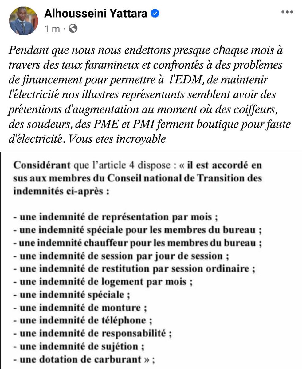 YeahSamake's tweet image. Indigné par les privilèges excessifs alloués aux membres du CNT en ces temps difficiles pour le Mali. Nous demandons justice et équité. Le service public n’est pas un moyen d’enrichissement. Transparence maintenant ! #Mali #Justice #Transparence