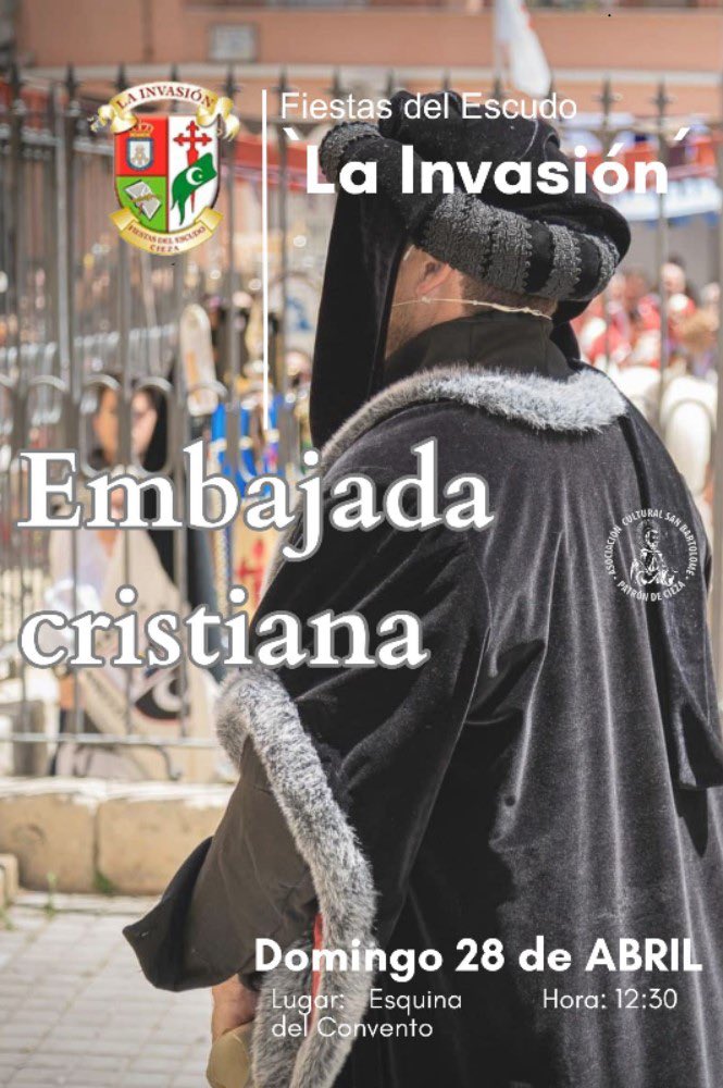 «A vos os pido clemencia,
​y que aceptéis lo pactado,
​que acabe la pesadilla,
​de este pueblo desdichado.»

¡Únete a la Embajada Cristiana de las Fiestas del Escudo “La Invasión” 2024! 

Nos vemos el próximo domingo 28 de abril a las 12:30h en la Esquina del Convento.