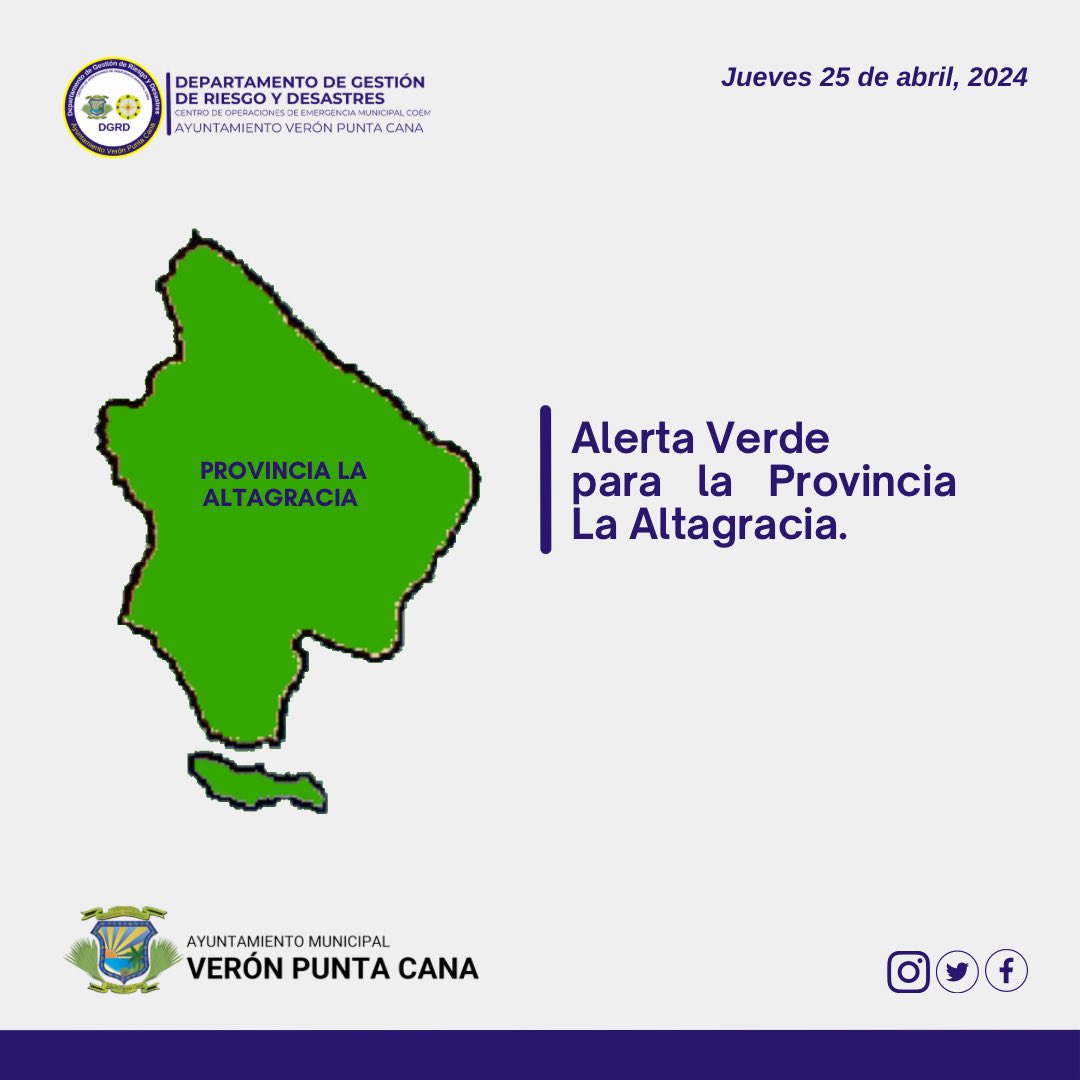 #DGRDInforma || El @COE_RD emite el nivel de #AlertaVerde para la provincia La Altagracia, debido a la incidencia de una vaguada.