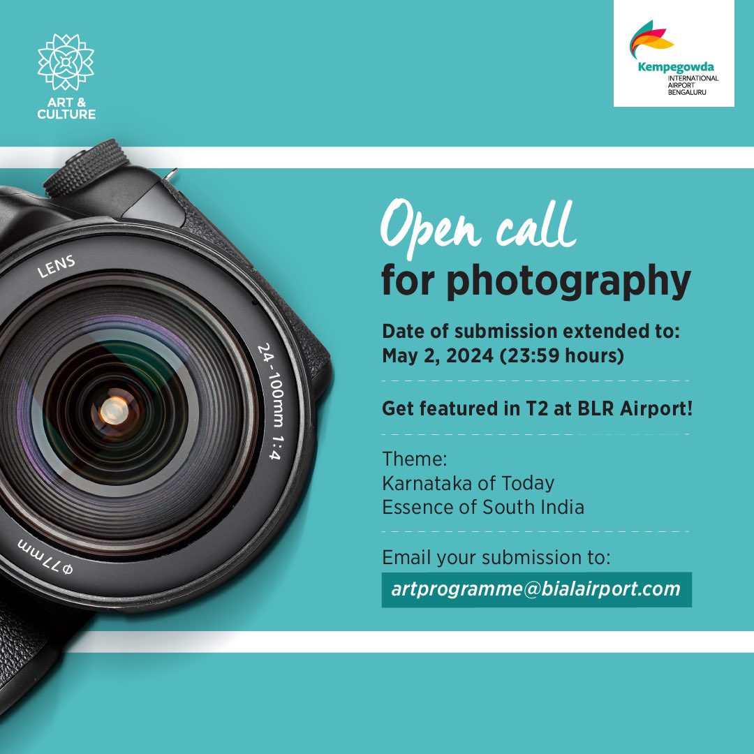 Capture the vibrant spirit of Karnataka and the essence of South India through your lens! Submit your best shots by 2nd May for a chance to be featured at T2, BLR Airport. Showcase your talent to global passengers and audience. Send in your entries at artprogramme@bialairport.com…