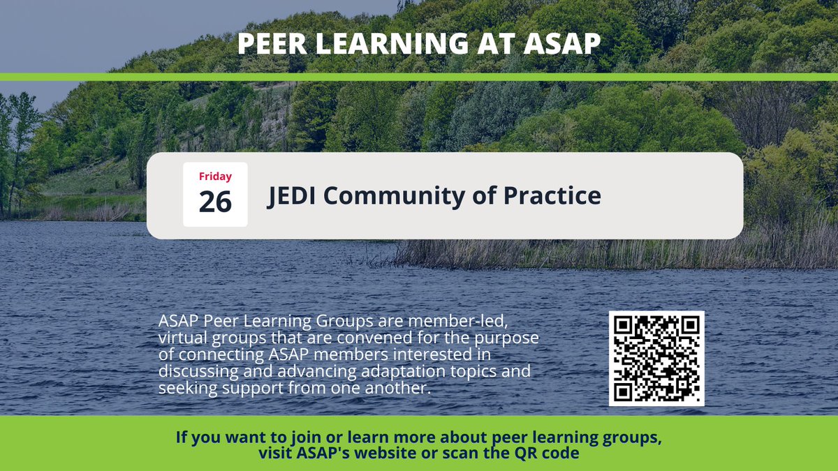 💡 Wrap up your week with the JEDI Community of Practice Meeting TOMORROW from 3-4 PM ET. 🔗 bit.ly/3QcFpZ6

Not an ASAP Member yet? Join us today ➡️ bit.ly/3oTHIDn. 
#climateadaptation #networking #climateaction #adaptation #professionalnetwork