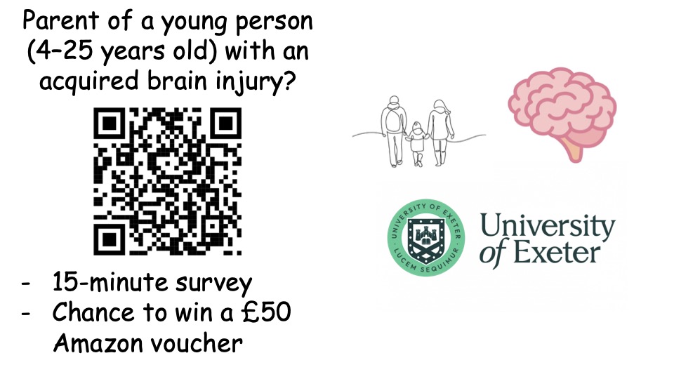 Are you the parent of a young person (4 - 25 yrs) with an #acquiredbraininjury? Toby Engelking is a MSc Psychology Student at Exeter University researching behavioural problems in young people with acquired brain injuries and parents’ wellbeing. exe.qualtrics.com/jfe/form/SV_6L…