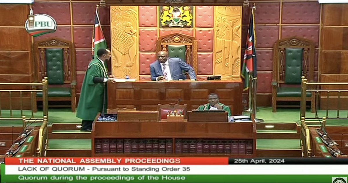No quorum in the National Assembly. Temporary Speaker, @HonOmboko_MP directs that the quorum bell be rung. #BungeLiveNA