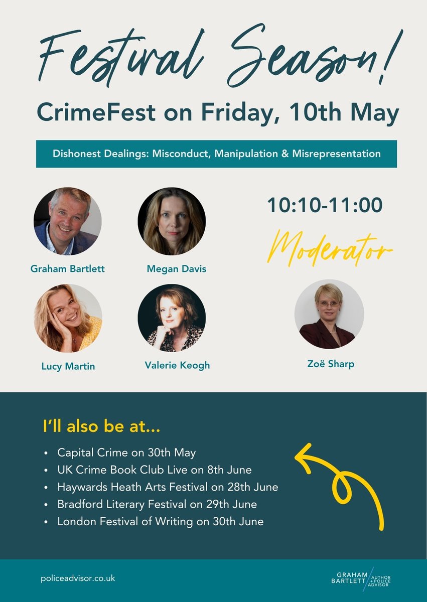 Festival season!📚🎉 I'll be at @crimefest in Bristol next month with @MeganDavis931, @ValerieKeogh1 & @lucymartinbooks for a 'Dishonest Dealings' panel discussion – my favourite topic! @authorzoesharp will be moderating... Who is going to be there? > crimefest.com💀