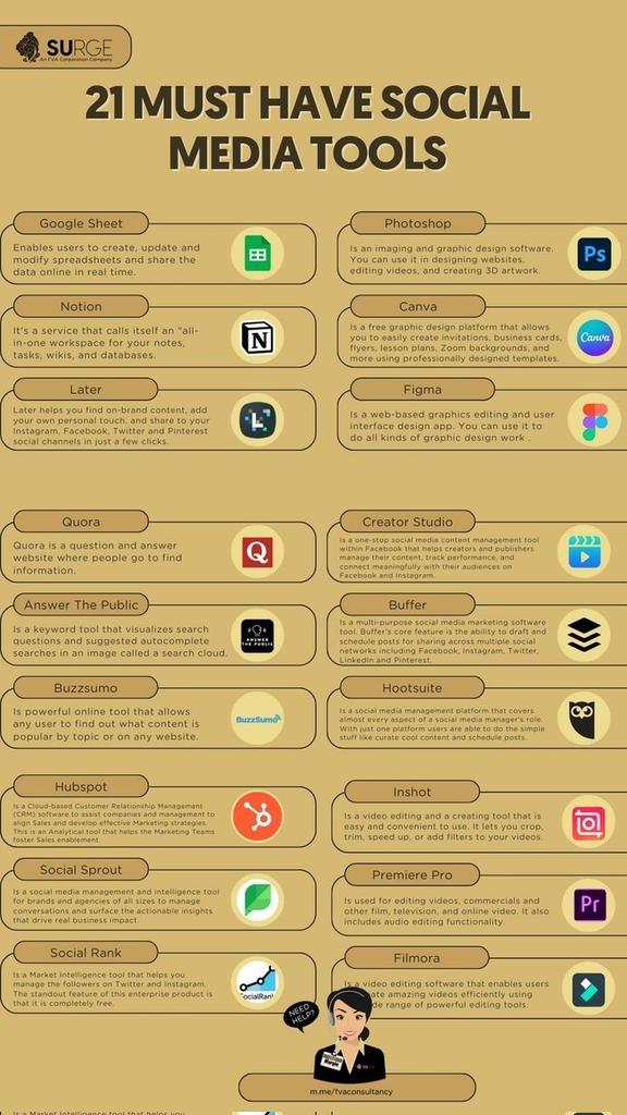 As a social media marketer you really need to know which tools are must have in order to use it profitability 
Im here with the list of 21 must have social media tools that u must have as a marketer 😊✔️🤗
#socialmediamarketing #SocialMediaTips 
#SocialMediaStrategy