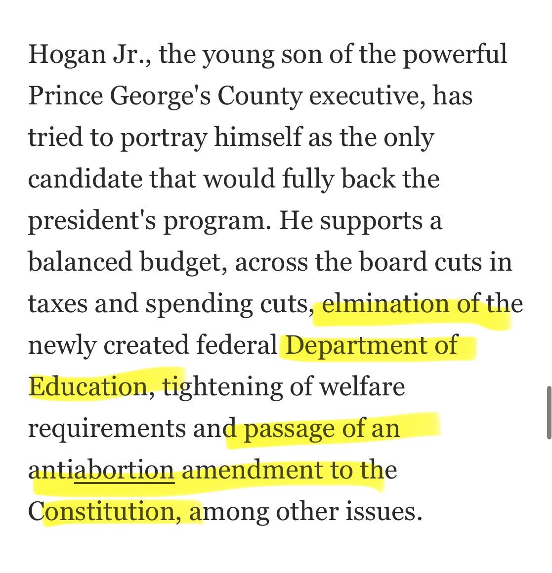 Larry Hogan ran for Congress and explicitly backed the Republican plan to ban abortion nationwide. He also supported eliminating the Dep’t of Education. Don’t let his attempt to dodge the question now hide the truth. #Hogan #MDSenate