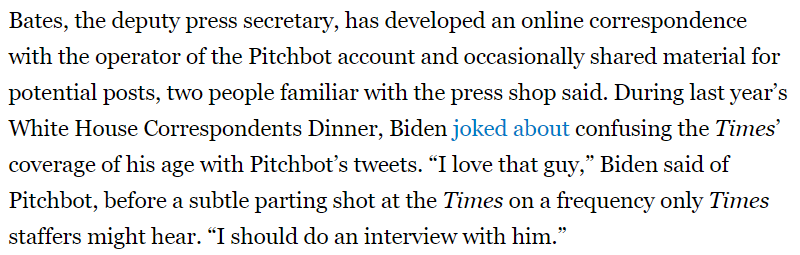 Politico story about the relationship between the Biden Administration and the New York Times is burying the lede that Biden's press team are secretly colluding with NYT Pitchbot