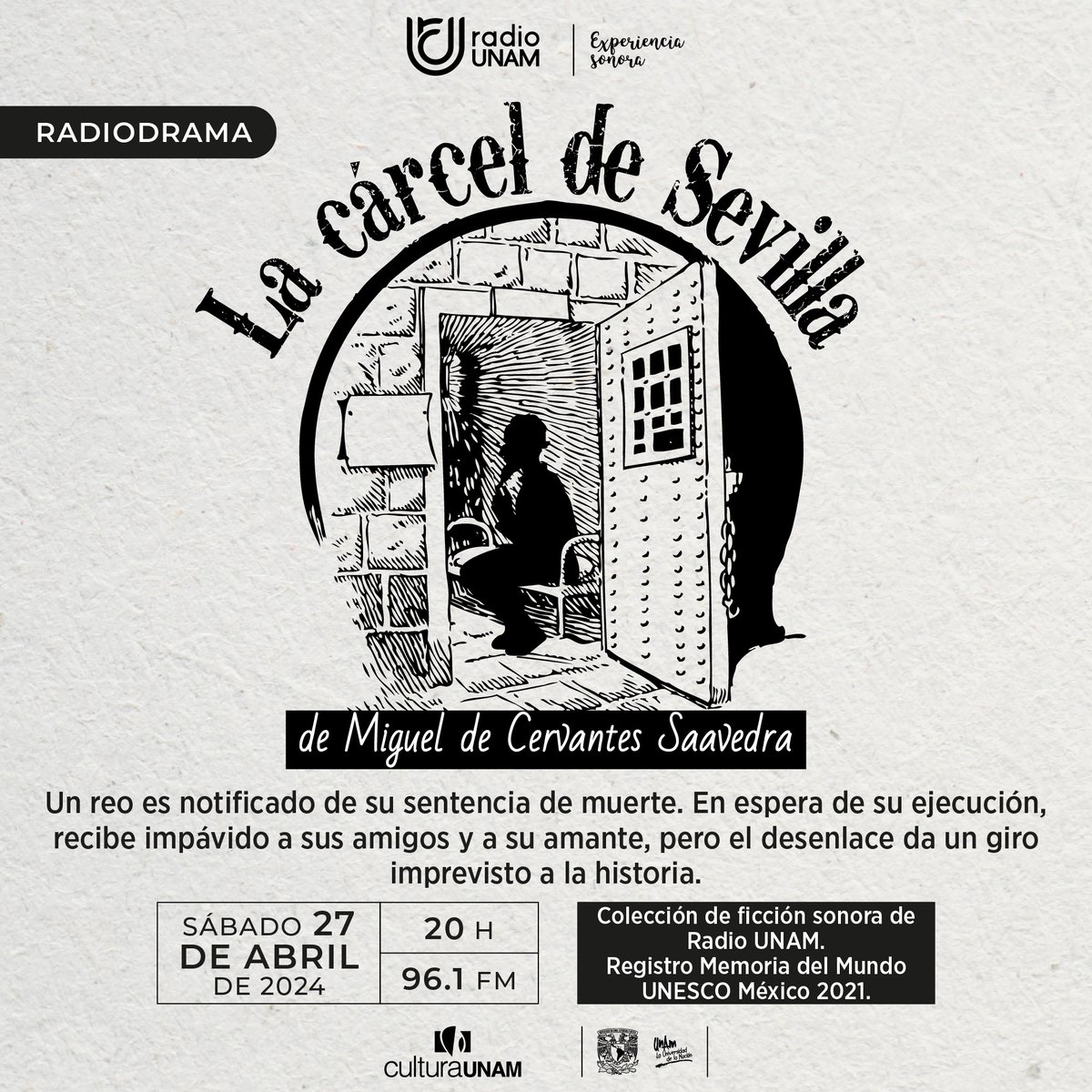 Este sábado de #radiodrama escucharemos 'La cárcel de Sevilla', entremés que es considerado una evocación a la propia experiencia de Miguel de Cervantes. ¡Es #imperdible! 👇