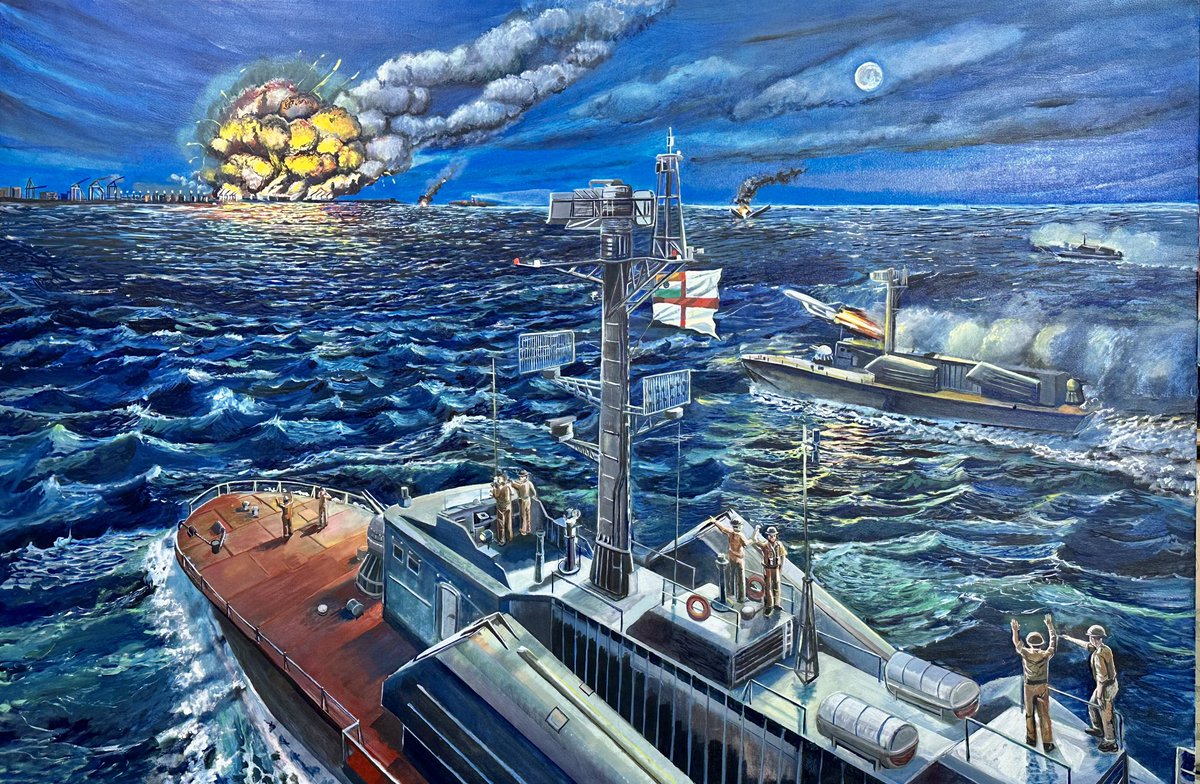 Jaks27's tweet photo. @indiannavy @DefenceMinIndia @PIB_India @MIB_India @PTI_News @HQ_IDS_India @DefPROMumbai @IndiannavyMedia @adgpi @IAF_MCC @ani_digital This is the painting in all it’s glory!! Depicting the historic event of Indian Navy on 04 Dec 1971. @indiannavy @adgpi @excelmovies https://t.co/iYbkYYKIyF