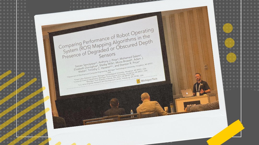 mtu_glrc's tweet image. GLRC&apos;s Senczyszyn @SPIEtweets on ROS mapping algorithms with degraded depth sensors for robust autonomous systems. Cutting-edge #robotics &amp;amp; #sensortech research tackling real-world challenges. Representing at global conference! 🌐🤖

#ROS #AutonomousSystems