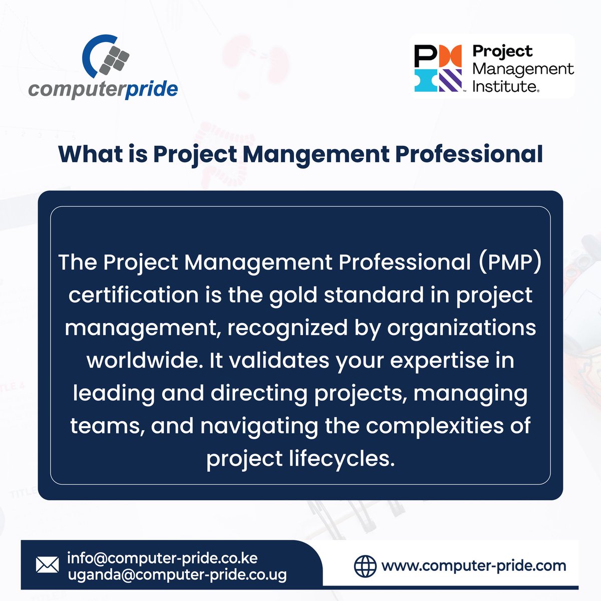 Computer_Pride's tweet image. Ever wondered what sets successful project managers apart? -Look no further than the PMP (Project Management Professional) certification!
📞 +254 705 900 900/ +254 708 414 141 /+256 741 494 145
✉️ info@computer-pride.co.ke
✉️ uganda@computer-pride.co.ug
#computerpride #PMP
