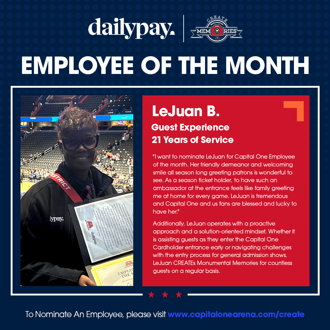 Congratulations to our @DailyPay Employees of the Month for April! A Monumental shoutout to Donna from our Suite Experience team, and LeJuan from our Guest Experience team - always Raising the Game at @CapitalOneArena! 🙌 🔗: capitalonearena.com/create